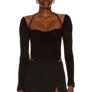 LaQuan Smith black fuzzy halter neck bodysuit